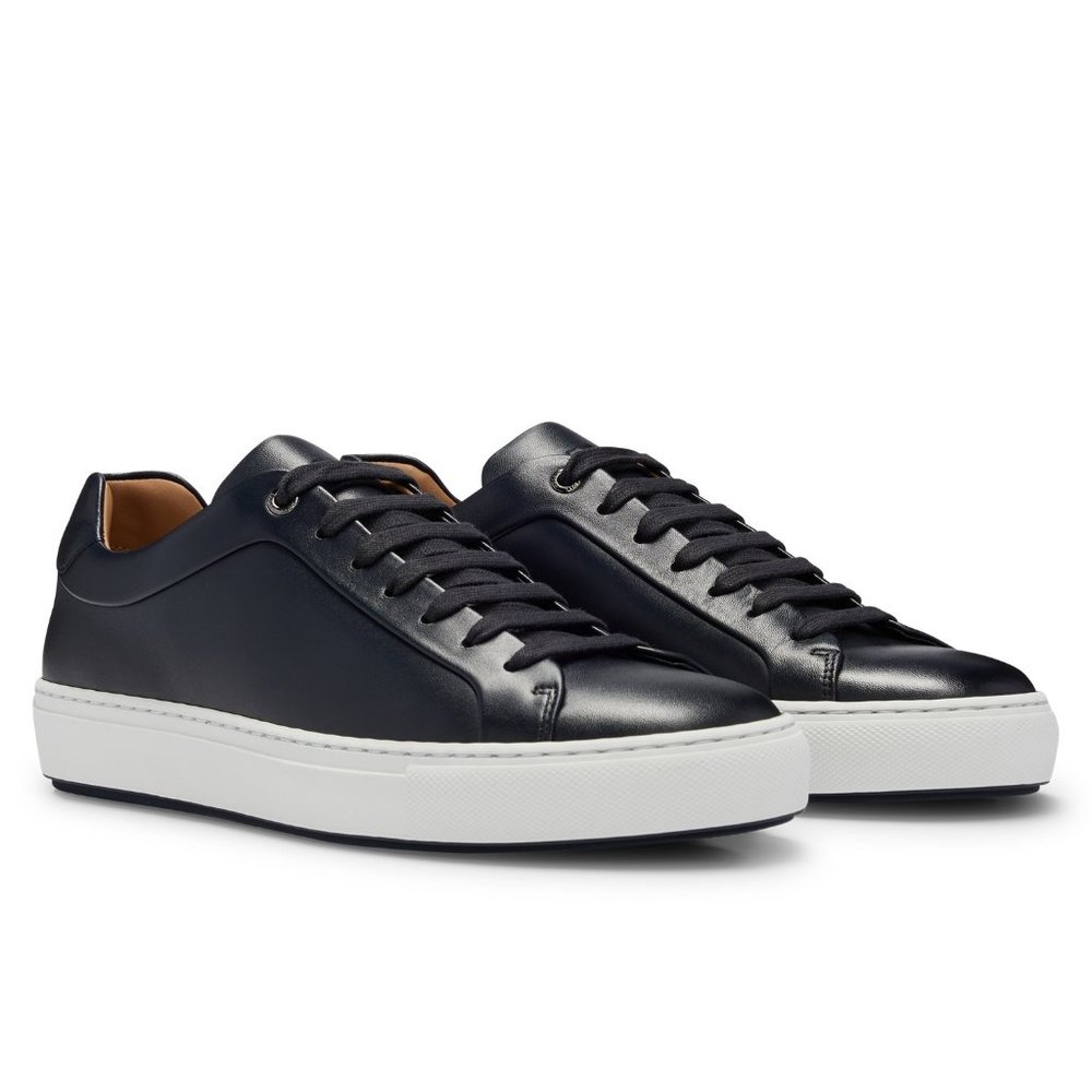 Hugo Boss: BURNISHED-LEATHER LOW-PROFILE TRAINERS WITH RUBBER SOLE (9 M)